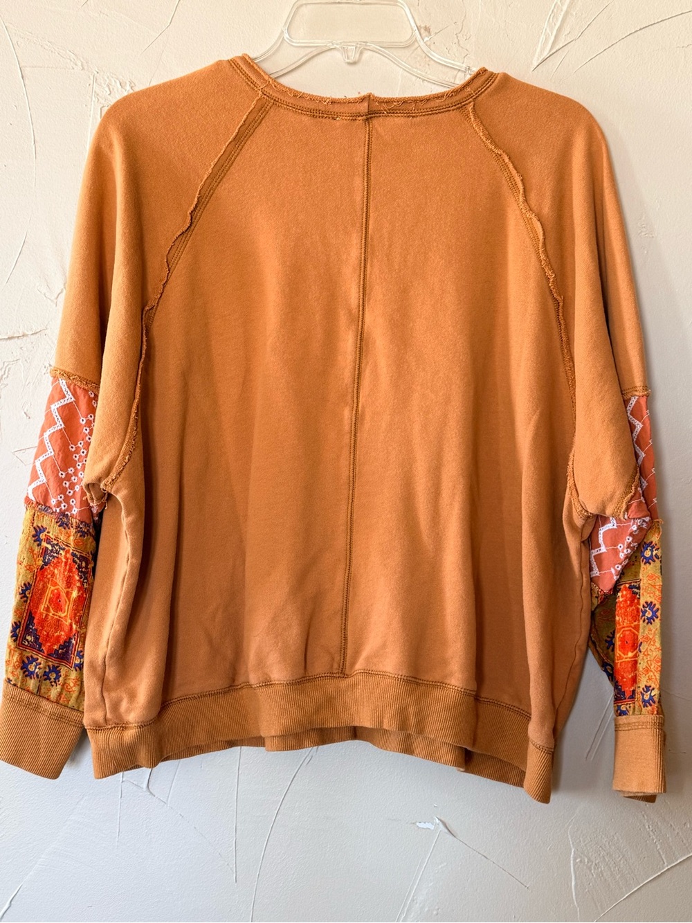 THREE BIRD NEST Burnt Orange Sweatshirt with Patterned Sleeve Panels boho Gypsy - Picture 5 of 6